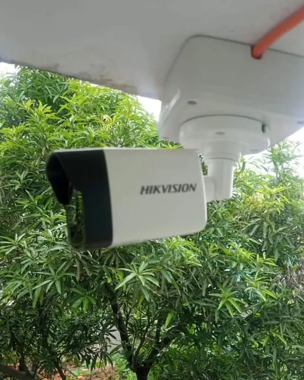 A professionally installed Hikvision bullet camera, perfectly positioned to monitor the exterior of a home. I ensure all outdoor cameras are weatherproof and placed for optimal viewing angles.