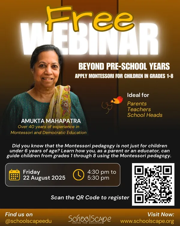 A poster for our free webinar on applying Montessori principles for children in grades 1-8, perfect for parents, teachers, and school heads looking to extend their understanding beyond the preschool years.