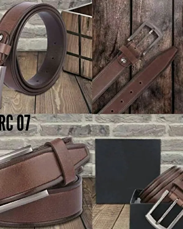 This collage displays our RC 07 model, a classic brown leather belt. It shows detailed shots of the silver-tone buckle, the smooth leather finish, and the belt presented in its gift box, perfect for corporate orders.