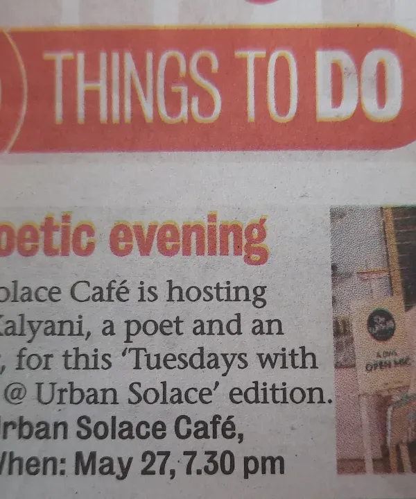 A clipping from the Bangalore Mirror for a 'Poetic evening' with poet and educator Varsha Kalyani. We love seeing our events featured as a top 'Thing to Do' in the city.