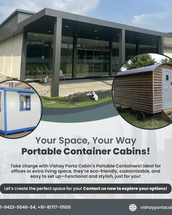 Your space, your way. This graphic shows the variety we offer, from a large commercial building to a standard office container and a rustic wheeled cabin. We create functional and stylish spaces just for you.
