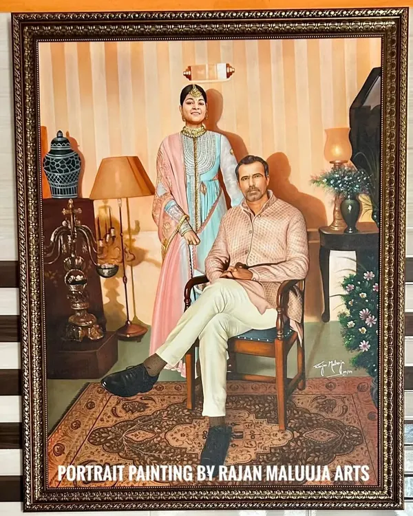 A grand 4 by 3 feet Royal Portrait Painting, created with acrylic on canvas. This piece was designed to capture the elegance and grace of the couple in a classic, regal setting.