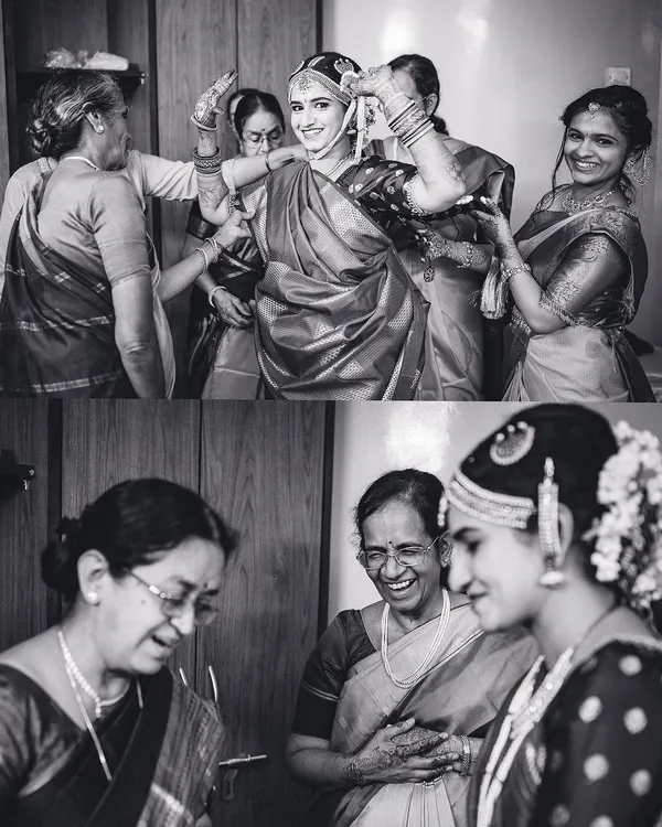 A touching black and white collage showing a bride celebrating with her family and a grandfather watching with pride. These photos focus on the deep emotional connections of the day.