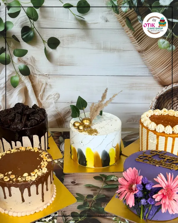 This is a glimpse of the variety we offer for your special days. From a modern, artistic design with gold leaf to a rich Nutella drip cake and a vibrant purple floral creation, we have a cake for every style and celebration.