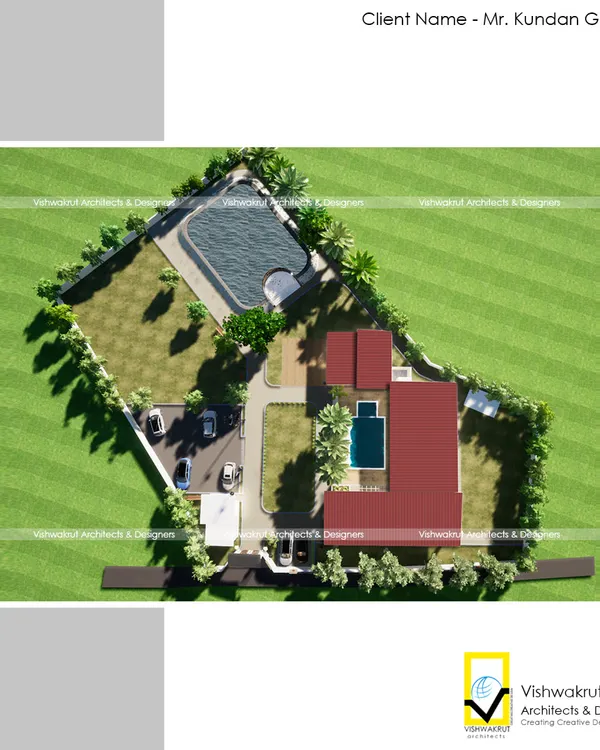 An aerial site plan of the Gharat Farm Stay in Pali. This shows our master planning capability, integrating the building, swimming pools, parking, and landscaping into a cohesive and sustainable eco-resort layout.