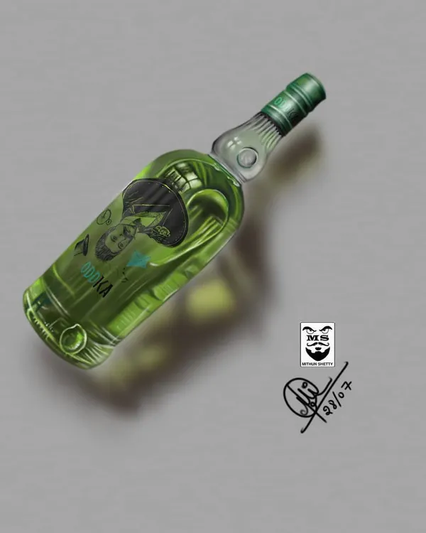 A realistic digital painting of a glass bottle, focusing on light, shadow, and reflection to create a three-dimensional effect. This type of product illustration is created entirely in Photoshop.