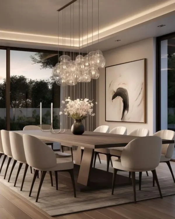 A modern bubble glass chandelier creates a stunning focal point above the large wooden dining table. The neutral-toned chairs and abstract wall art complete this sophisticated dining room, which opens up to an evening view through expansive windows.