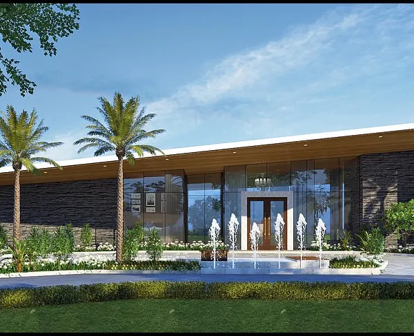A front view of a modern bungalow design, where sleek lines meet natural stone textures. The entrance is marked by elegant fountains and palm trees, creating a sense of a luxurious, nature-inspired retreat.