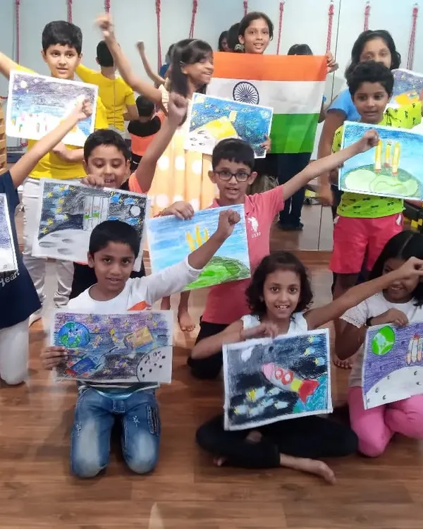Our students celebrating the success of the Chandrayaan-3 mission with their space-themed artwork. It was a proud moment for all of us, and we channeled that excitement into our art.