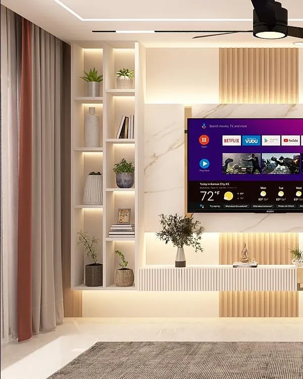 We designed this TV unit to be the star of the living room. With integrated backlighting, fluted panels, and open shelving for decor, it’s a cinematic centerpiece for everyday moments.
