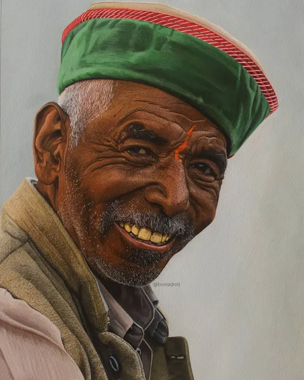 This is a hyper-realistic portrait I created titled 'Pahari'. Capturing the warmth in his smile and the texture of his hat took around 100 hours of focused work with Camlin acrylics on Brustro watercolour paper. It's this attention to detail that I bring to every custom portrait painting.