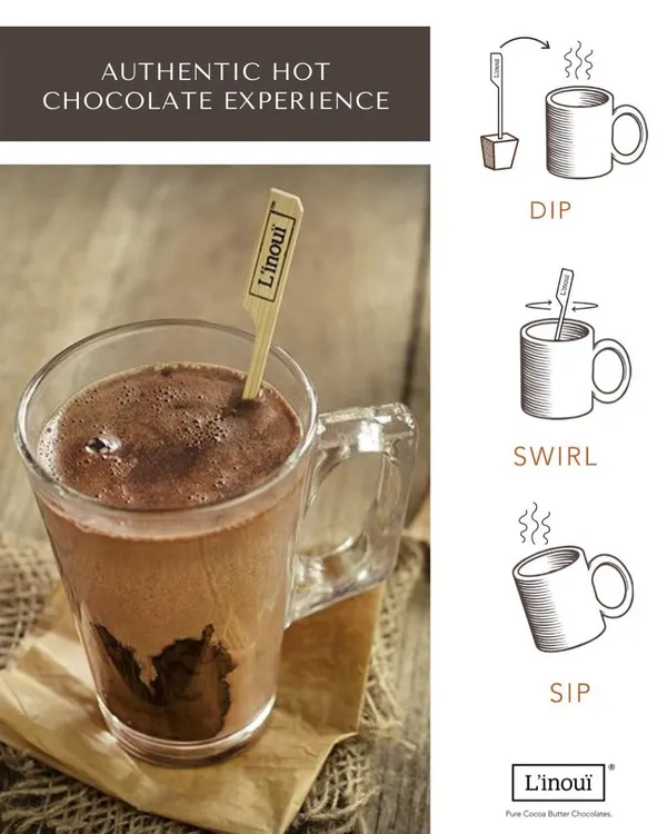 Our simple three-step guide to an authentic hot chocolate experience: Dip, Swirl, and Sip. This visual shows just how easy it is to create a perfect cup of Belgian hot chocolate at home.