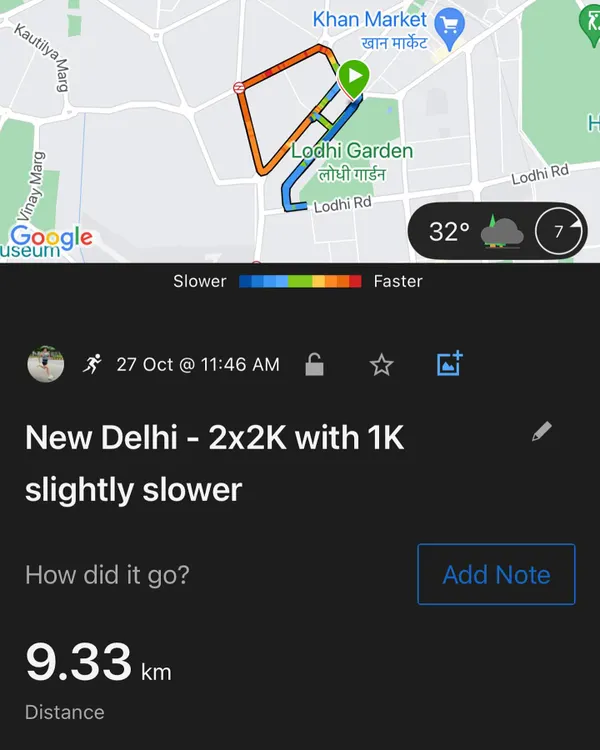 A screenshot of an interval workout: 2x2k with a 1k float. My coaching is flexible; I adjusted this runner's Long Slow Distance (LSD) to an interval run at the last minute based on his needs.