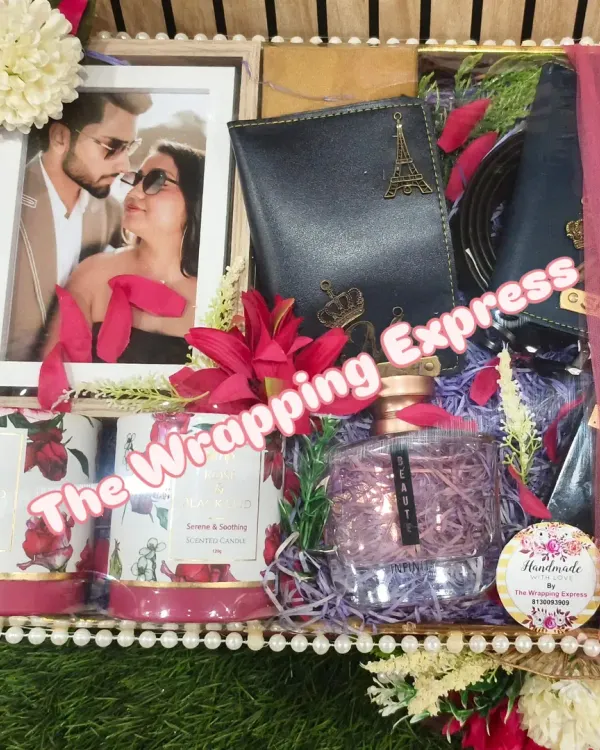 This is one of my favorite hampers for a newly married couple. It's fully customized with a personal photo, matching passport covers, scented candles, and perfumes, all arranged beautifully in a decorative tray.