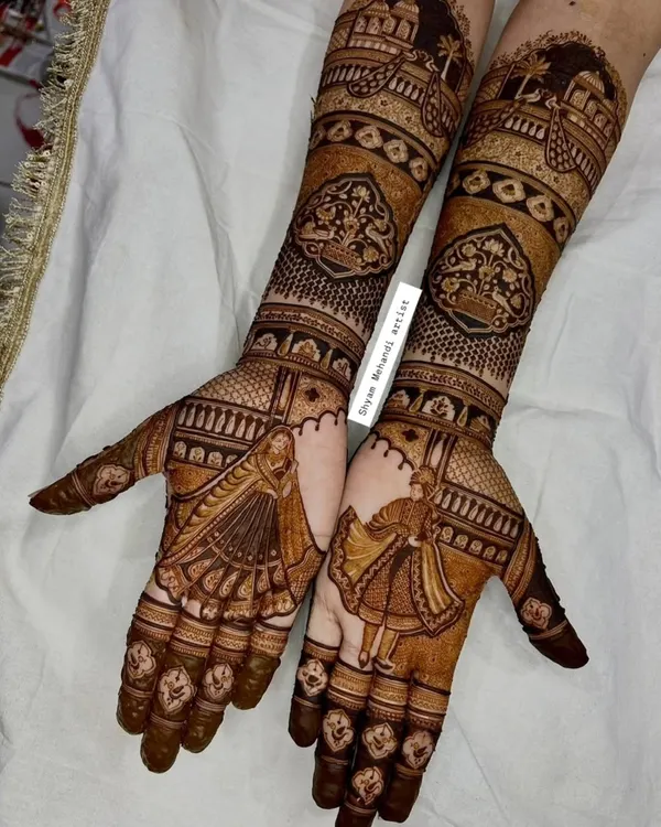 The beautiful, dark stain of a varmala ceremony design, photographed after the henna has fully developed.