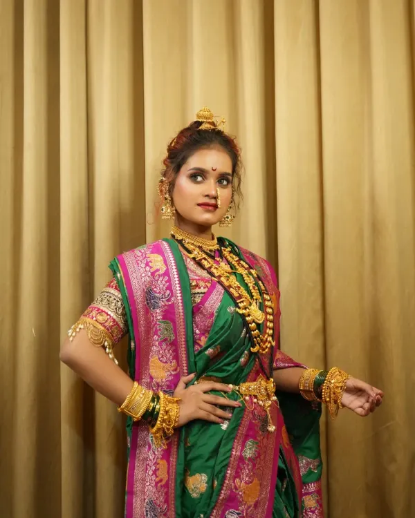 This is another angle of the traditional Peshwai bridal look, highlighting the side profile and the way the jewelry and hairstyle come together. I focus on teaching the 360-degree perfection required for bridal clients.