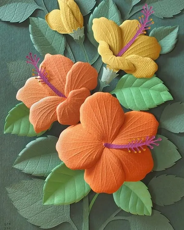 An example of paper embossing, a technique that creates a raised 3D effect on paper. Our craft workshops teach you how to sculpt and shape paper to create stunning floral art like this.