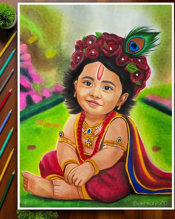 This custom A2 size color pencil portrait of a child as Bal Krishna for Janmashtami is one of my most cherished creations. It shows how I can turn your photo into a divine masterpiece.