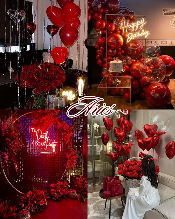 Zodiac decor aesthetics: Aries. Bold, passionate, and fiery, an Aries party is all about dramatic reds, lush roses, and statement neon signs.