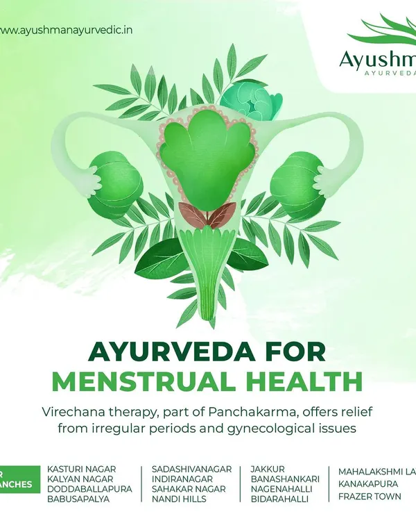 This visual highlights Ayurveda's role in promoting menstrual health. It explains how Virechana therapy, a key part of Panchakarma, can offer relief from irregular periods and other gynecological issues by cleansing the body and balancing hormones.