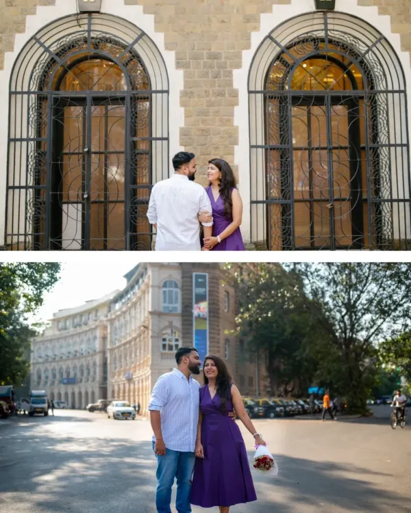 Using the grand architecture of Mumbai to frame a couple's story. This collage shows how we can capture both wide, scenic cityscapes and intimate moments against beautiful urban details in a single pre-wedding session.