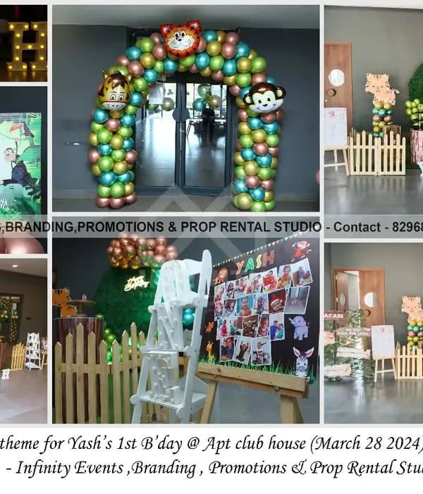A classic "Wild One" safari theme for Yash's first birthday. This setup features a grass wreath backdrop, a balloon arch with animal prints, character cutouts, and a personalized photo display board.