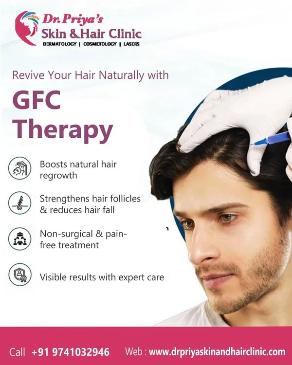 This graphic outlines the primary benefits of GFC therapy. It is a non-surgical and pain-free treatment that boosts natural hair regrowth and strengthens follicles, leading to visible results under expert care.