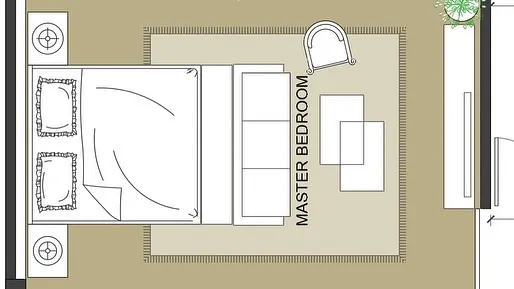 Every project begins with a detailed plan. This 2D layout for a master bedroom shows our initial space planning, which helps clients visualize the furniture arrangement and flow before we move to 3D designs.