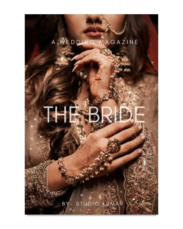 A close-up shot of the bride's hands, jewelry, and the intricate details of her outfit, styled like a magazine cover. This highlights our focus on editorial-quality images.