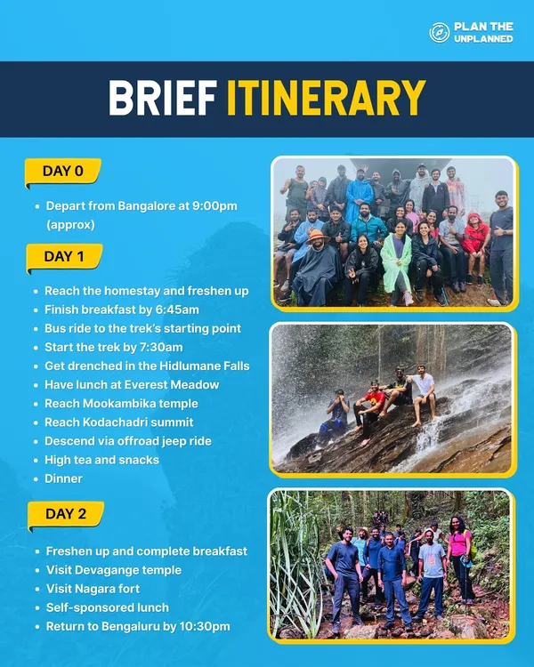 A sample itinerary for our Kodachadri trek. See how we structure the adventure, from departure to the final return.
