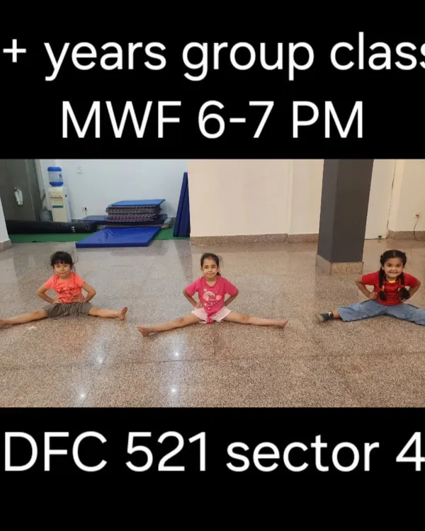 Our 5+ years group class in action. These students are mastering their straddle splits, a key flexibility skill. We hold these classes at our Sector 45 studio every Monday, Wednesday, and Friday from 6-7 PM.