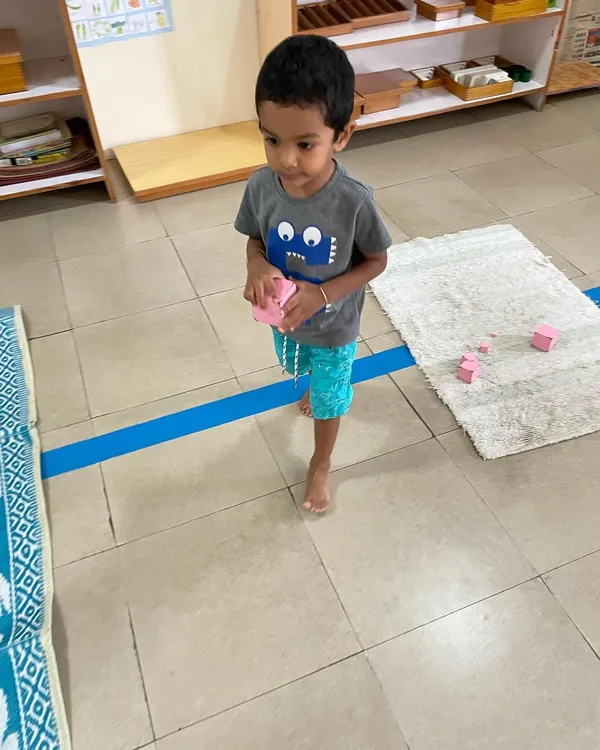 A child works with the Pink Tower, a classic sensorial material. This activity helps them visually discriminate between sizes and builds their understanding of dimensions, which is an indirect preparation for mathematics.