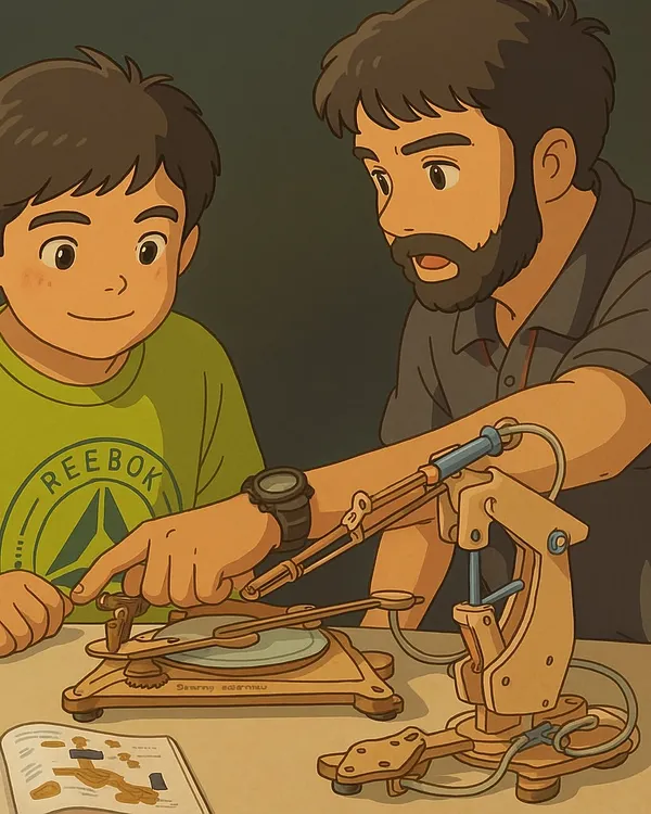 This beautiful Ghibli-style illustration captures the essence of mentorship. It shows an instructor guiding a young student through the process of building a robotic arm, reflecting our hands-on teaching philosophy.