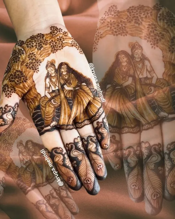 This intricate Radha Krishna portrait is a piece of my heart and a testament to the stories we can tell with henna. I love creating these detailed figures, capturing a moment of divine love that makes any bridal or festive mehndi truly special.