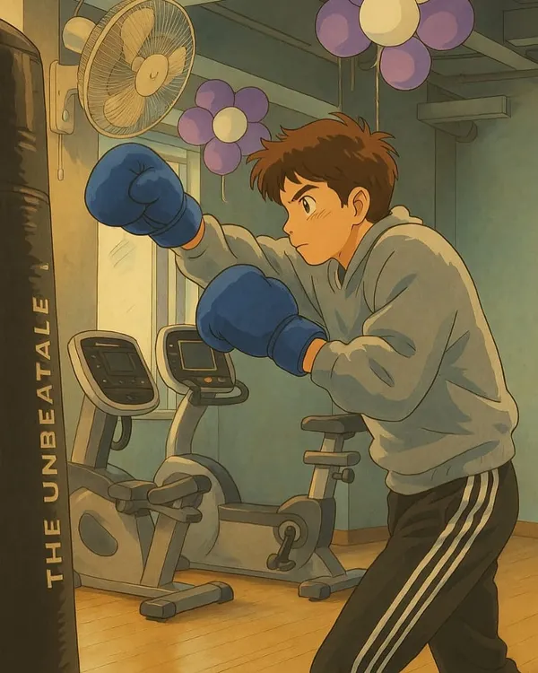 We're hopping on the Ghibli trend. This anime-style illustration shows a member boxing, reimagining our gym with a touch of magical charm. We love to have fun with fitness trends.