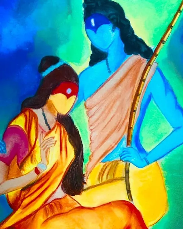 Soft pastels have a wonderful way of bringing stories to life, like in this mythological painting of Radha and Krishna. The student learned to blend the rich blues and warm yellows to create a scene that feels both divine and real.