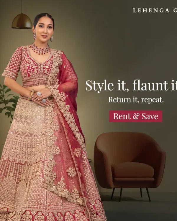 Style it, flaunt it, return it, repeat. This magnificent red and gold bridal lehenga, with its intricate embroidery and classic silhouette, ensures you look like royalty on your wedding day without the long-term cost.