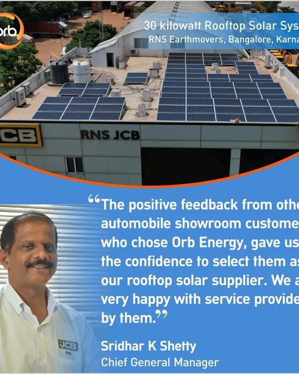 RNS Earthmovers, a renowned JCB dealer, chose us based on positive feedback from other automobile showroom customers. Their 30-kilowatt rooftop system now covers about 80% of the showroom's daytime electricity needs, saving over 3 lakhs rupees annually with a projected payback of just four years.