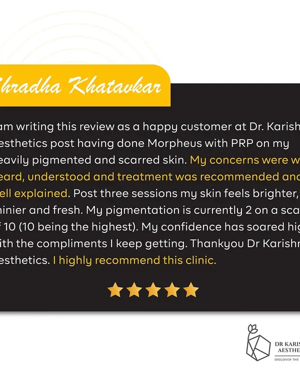 This is a wonderful testimonial from a happy client who underwent Morpheus8 with PRP for pigmentation and scarring. It is my goal to ensure every patient feels heard and understood, and I am thrilled to see her confidence soar after just three sessions.