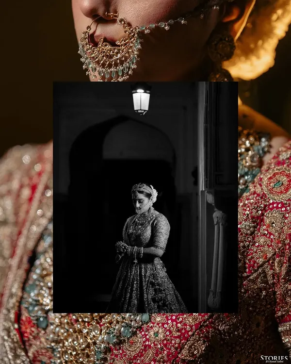 A creative collage combining a close-up of the bride's nose ring with a dramatic black and white portrait.
