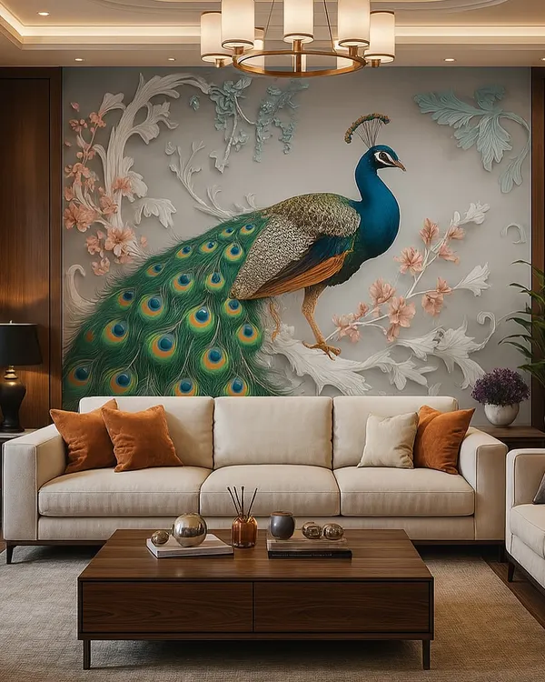 A majestic 3D wallpaper featuring a peacock on a branch, set against a backdrop of classic wood paneling. The design is regal and adds a touch of Indian royalty.