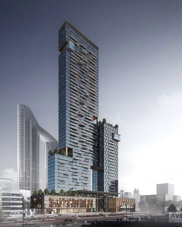 A photorealistic 3D exterior render of a skyscraper concept in Dubai. This daytime view highlights the building's complex glass facade and its integration into the existing urban skyline, demonstrating our ability to handle large scale architectural projects with precision.