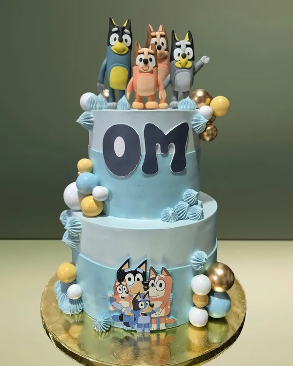 A two-tiered cake celebrating the popular cartoon Bluey and her family. The cake features edible images and handcrafted fondant figures of the characters, perfect for a young fan's birthday.