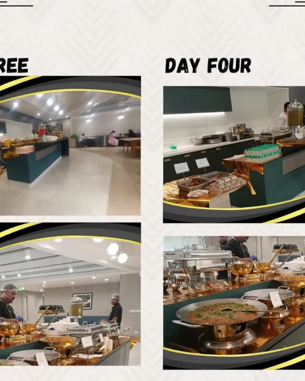 A collage from a multi-day corporate event, showing our consistent and professional buffet setups from day three to day four. We ensure variety and quality throughout your event.