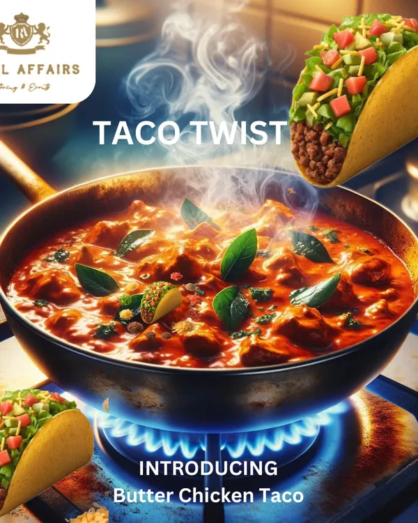 Introducing a creative fusion dish: the Butter Chicken Taco. This item combines the creamy, rich flavor of classic Indian butter chicken with the satisfying crunch of a taco for a unique taste experience.