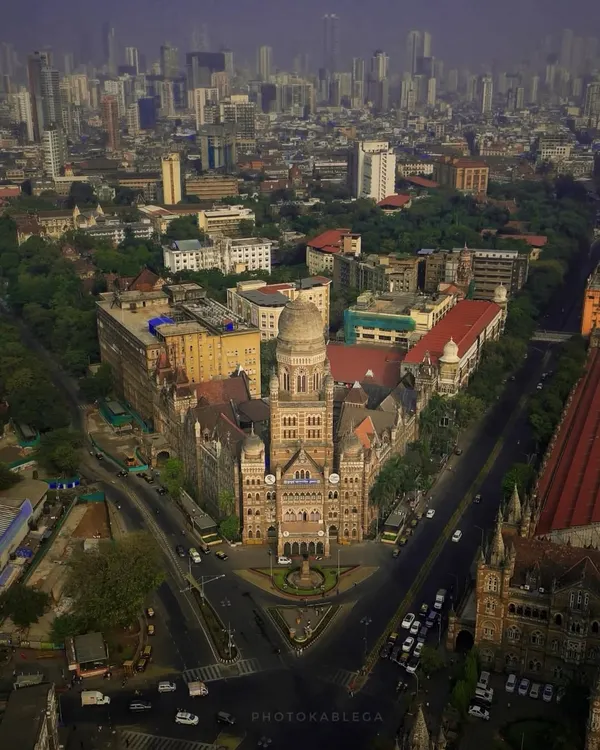 This is the heart of Mumbai, captured from a perspective few get to see. The Brihanmumbai Municipal Corporation (BMC) building, a masterpiece of neo-Gothic architecture, stands proudly amidst the sprawling city. This shot showcases my ability to frame iconic structures within their urban context, delivering high-resolution aerial architectural photography.