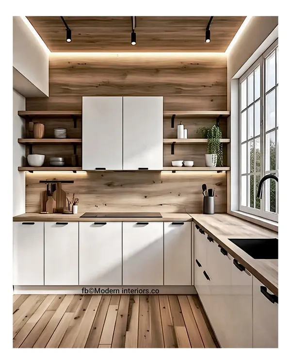 A modern kitchen with clean white cabinets and warm wooden accents. The open shelving and under-cabinet lighting create a bright and inviting cooking space.