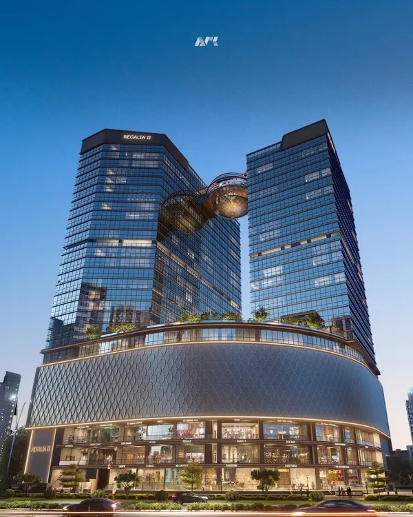 This is Nakshatra Regalia II, an award-winning mixed-use development I designed for GIFT City, Gujarat. Rising 120 meters, it features two distinct office wings connected by a striking central globe structure that houses a restaurant, blending premium commercial spaces with a landmark architectural statement.
