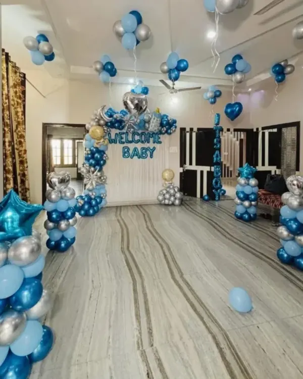 This is the grand welcome your baby boy deserves. I create full-room transformations with large balloon arches, themed foil balloons like baby bottles and stars, and custom balloon pillars. This entire setup is done in just one hour, anywhere in Mumbai.