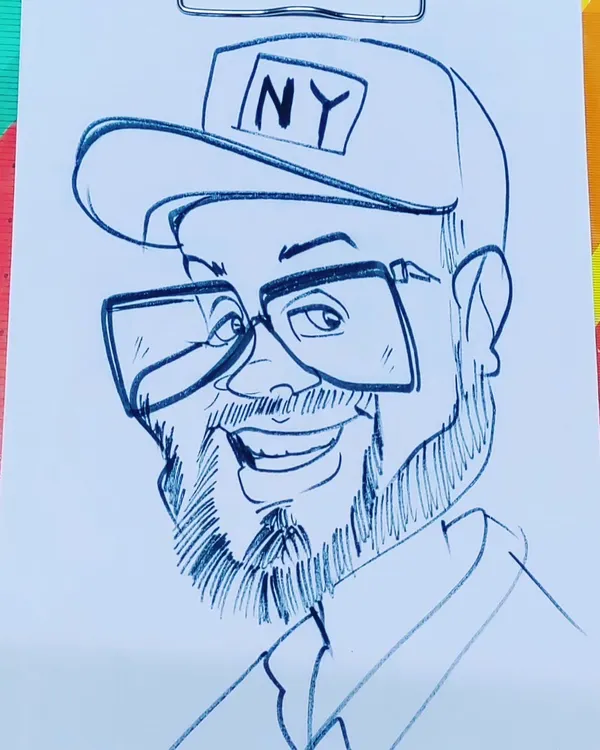 I love to draw beards, and this caricature was a great opportunity. The glasses and cap add to his cool character.